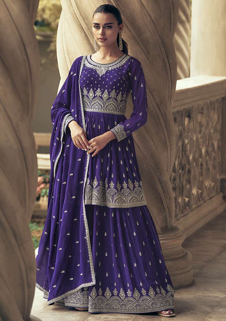 Purple Georgette Embroidered Salwar Kameez With Dupptta - Indya
