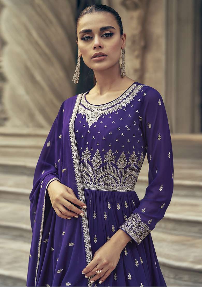 Purple Georgette Embroidered Salwar Kameez With Dupptta - Indya