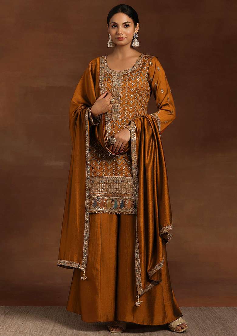 Mustard Silk Sequin Embroidered Salwar Kameez With Dupptta - Indya