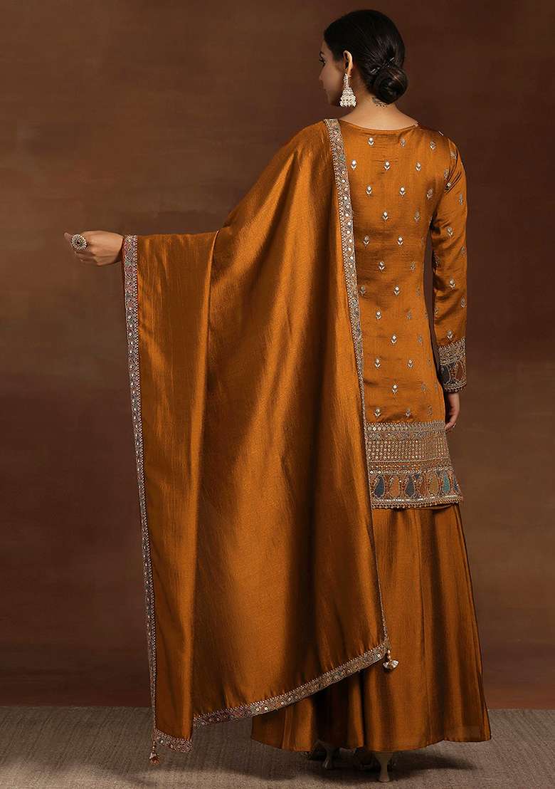 Mustard Silk Sequin Embroidered Salwar Kameez With Dupptta - Indya