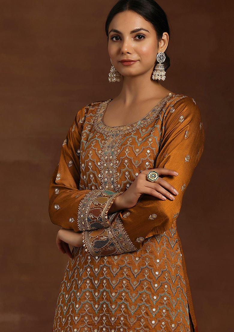 Mustard Silk Sequin Embroidered Salwar Kameez With Dupptta