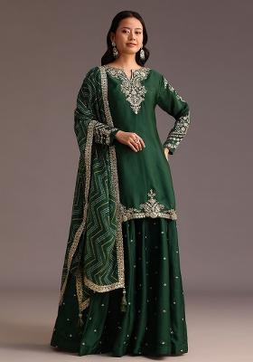 Dark Green Satin
 Sequin Embroidered Salwar Kameez With Dupptta