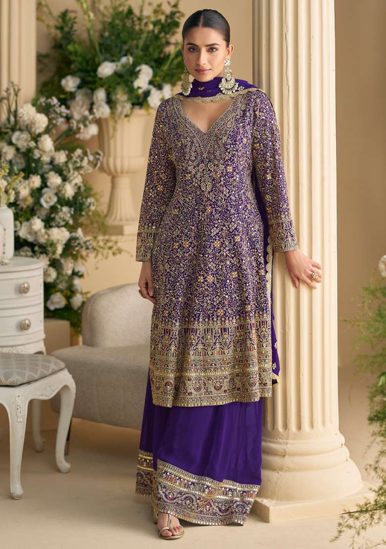 Purple Georgette Sequin Embroidered Salwar Kameez With Dupptta - Indya