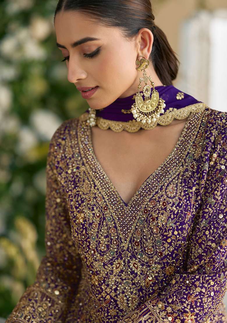Purple Georgette Sequin Embroidered Salwar Kameez With Dupptta - Indya