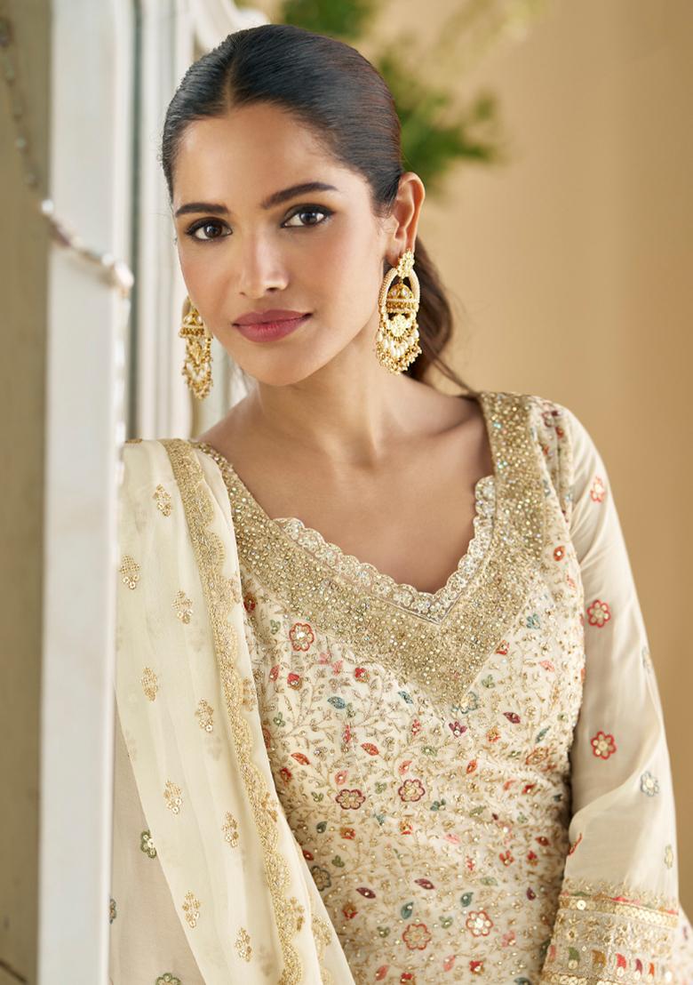 White Georgette Sequin Embroidered Salwar Kameez With Dupptta