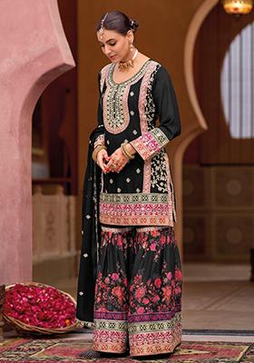 Black Chinon Embroidered Salwar Kameez With Dupptta