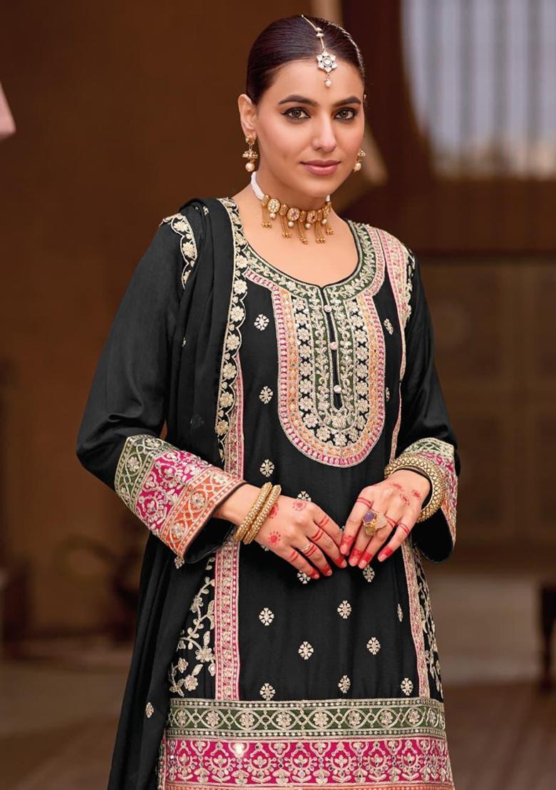 Black Chinon Embroidered Salwar Kameez With Dupptta