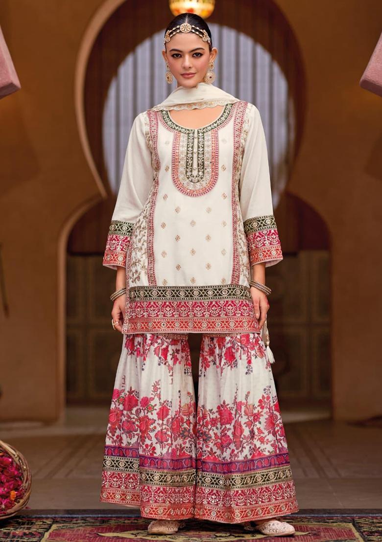 White Chinon Embroidered Salwar Kameez With Dupptta