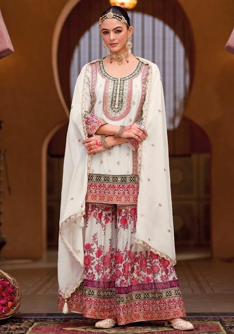 White Chinon Embroidered Salwar Kameez With Dupptta