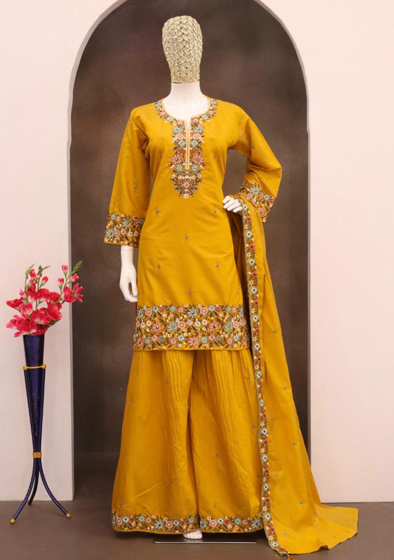 Yellow Silk Embroidered Salwar Kameez With Dupptta