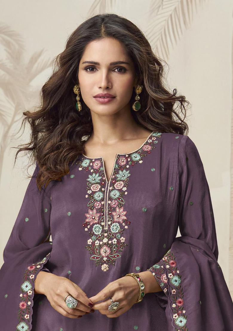 Lilac Silk Embroidered Salwar Kameez With Dupptta