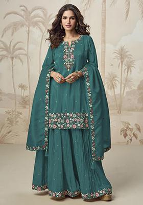 Aqua Blue Silk Embroidered Salwar Kameez With Dupptta