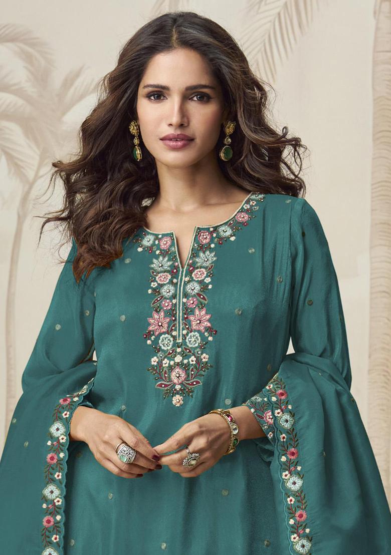 Aqua Blue Silk Embroidered Salwar Kameez With Dupptta