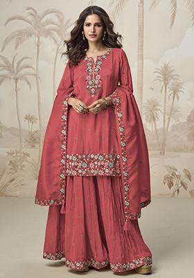  Peach Silk Embroidered Salwar Kameez With Dupptta