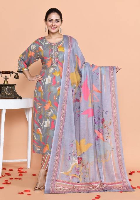 Grey Resham Tikki Cotton Muslin Salwar Kameez With Dupatta