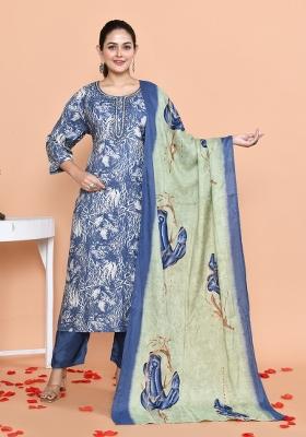 Blue Embroidered Cotton Muslin Salwar Kameez With Dupatta