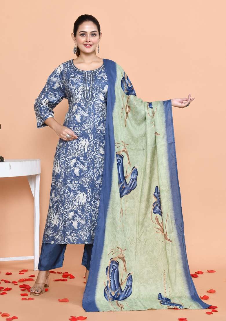 Blue Printed Muslin Straight Kurta Set - Indya