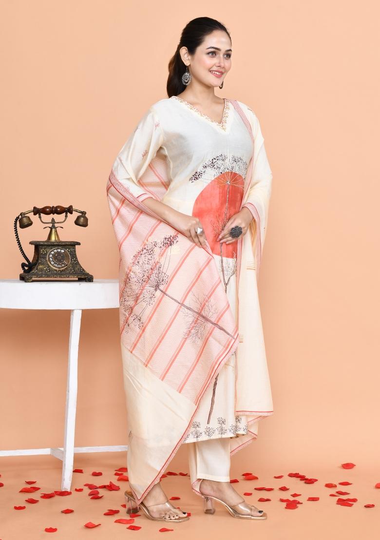 White Embroidered Muslin Salwar Kameez With Dupatta