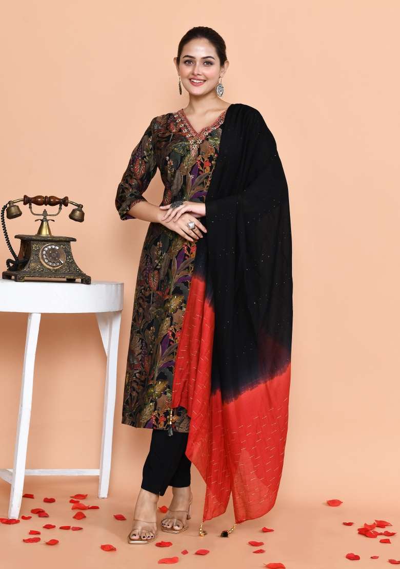 Black Embroidered Muslin Straight Kurta Set - Indya