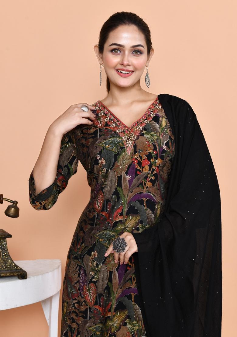 Black Embroidered Muslin Salwar Kameez With Dupatta