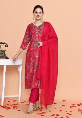 Red Embroidered Muslin Salwar Kameez With Dupatta