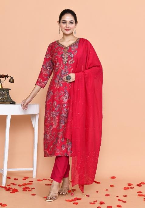 Red Embroidered Muslin Salwar Kameez With Dupatta