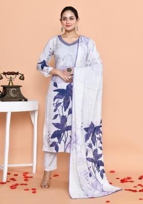White And Blue Embroidered Muslin Salwar Kameez With Dupatta