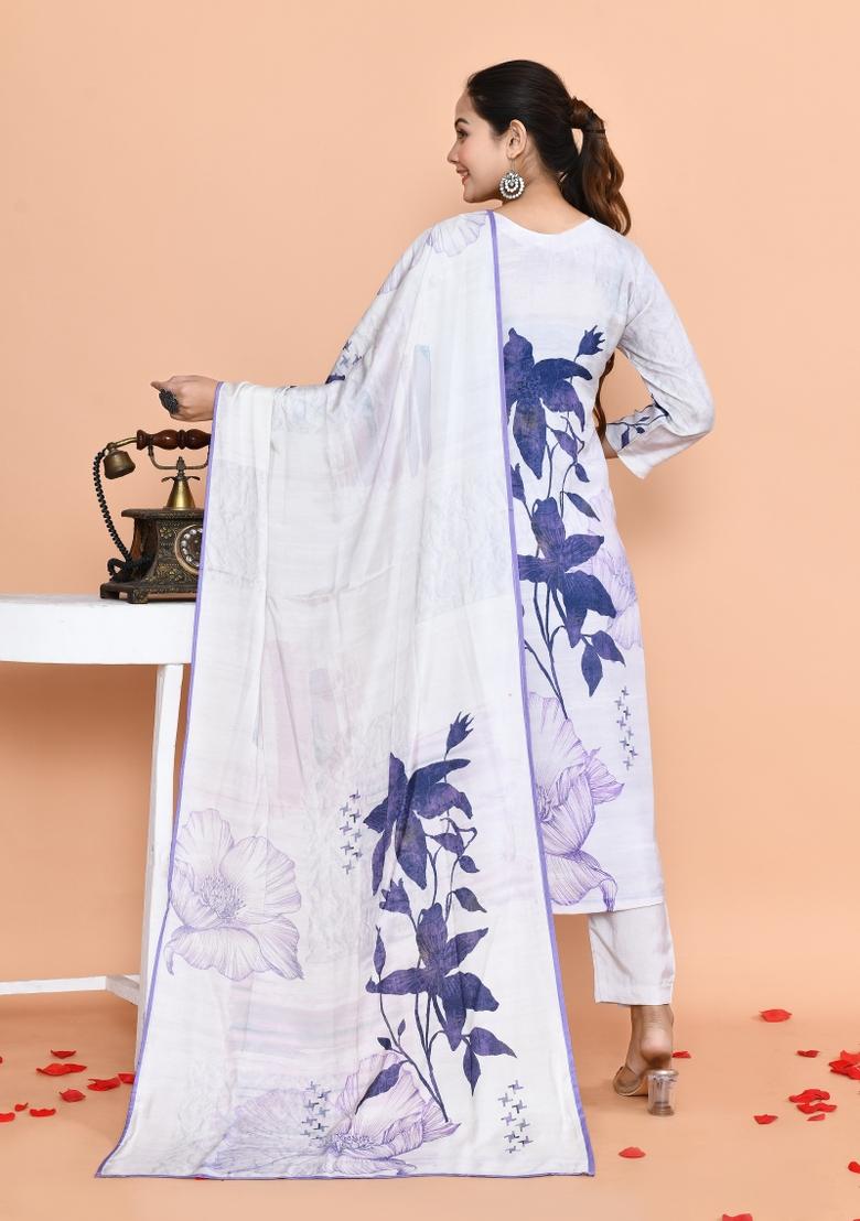 White And Blue Embroidered Muslin Salwar Kameez With Dupatta