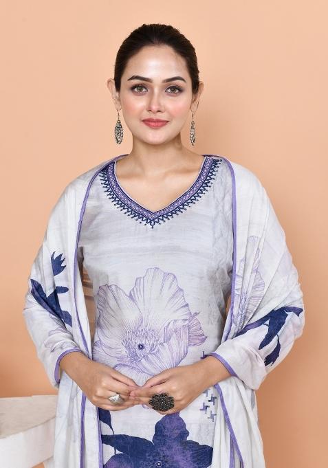 White And Blue Embroidered Muslin Salwar Kameez With Dupatta