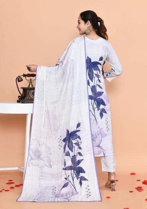 White And Blue Embroidered Muslin Salwar Kameez With Dupatta