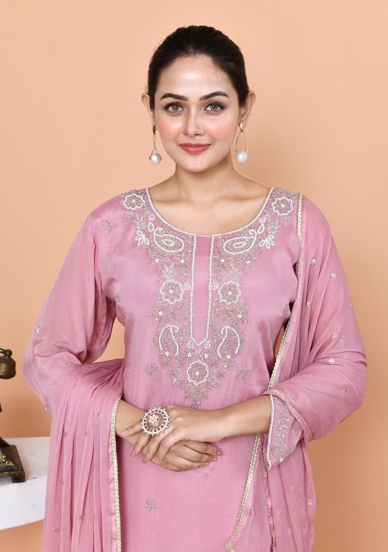 Onion Pink Embroidered Chinnon Sharara Set With Dupatta