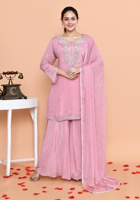 Onion Pink Embroidered Chinnon Sharara Set With Dupatta