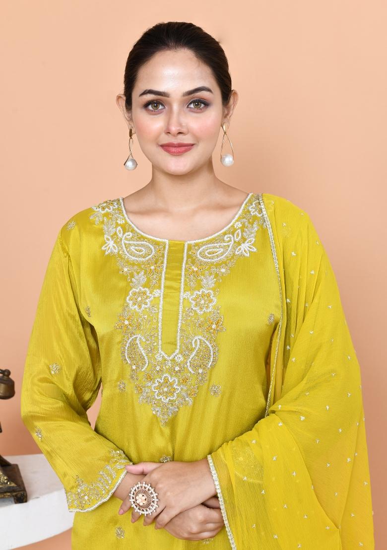 Mustard Yellow Embroidered Chinnon Sharara Set With Dupatta