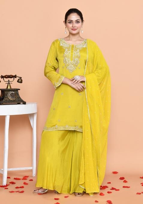 Mustard Yellow Embroidered Chinnon Sharara Set With Dupatta