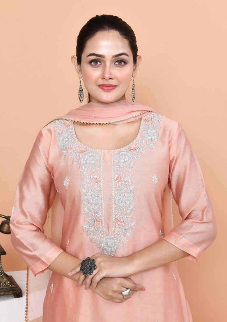 Peach Embroidered Pure Chanderi Salwar Kameez With Dupatta