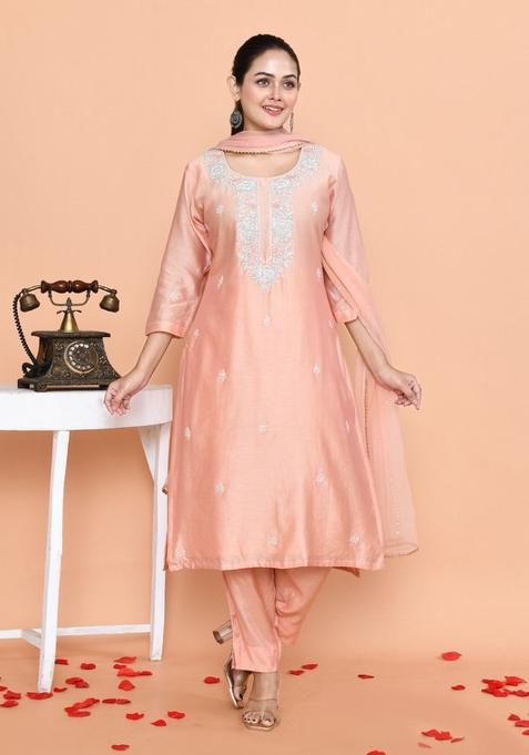 Peach Embroidered Pure Chanderi Salwar Kameez With Dupatta