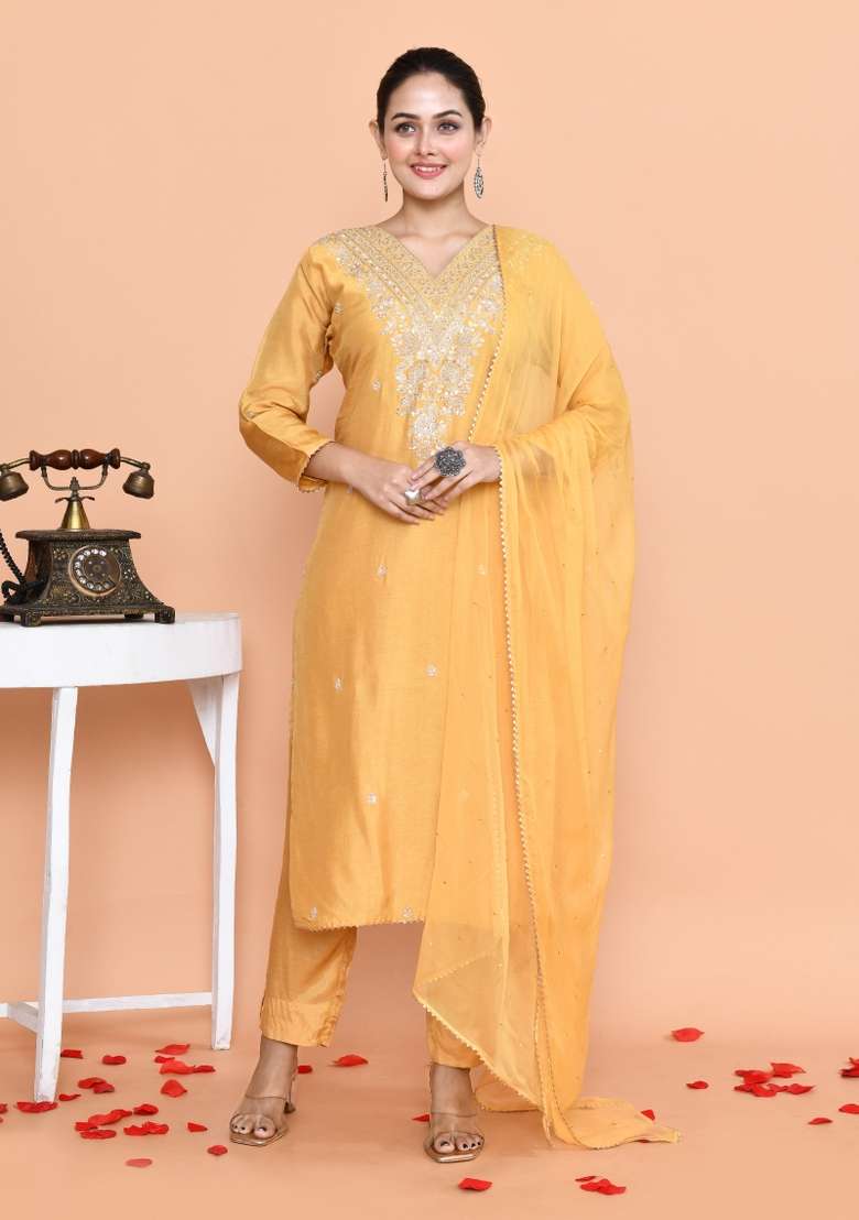 Yellow Embroidered Silk Blend Straight Kurta Set - Indya