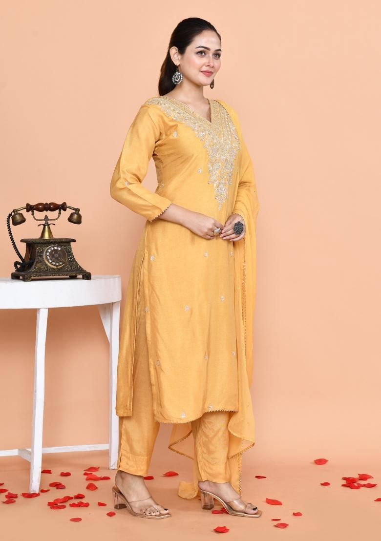 Yellow Embroidered Dola Silk Salwar Kameez With Dupatta