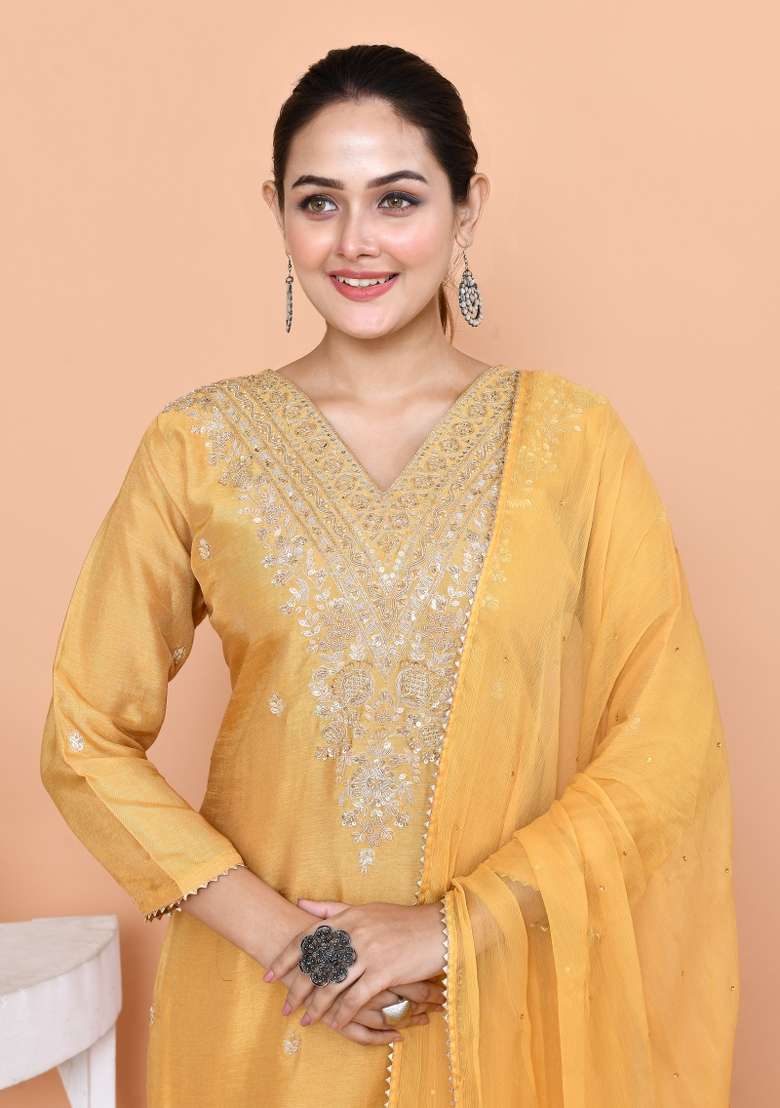 Yellow Embroidered Silk Blend Straight Kurta Set - Indya