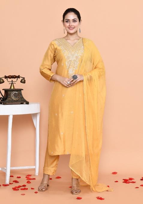 Yellow Embroidered Dola Silk Salwar Kameez With Dupatta