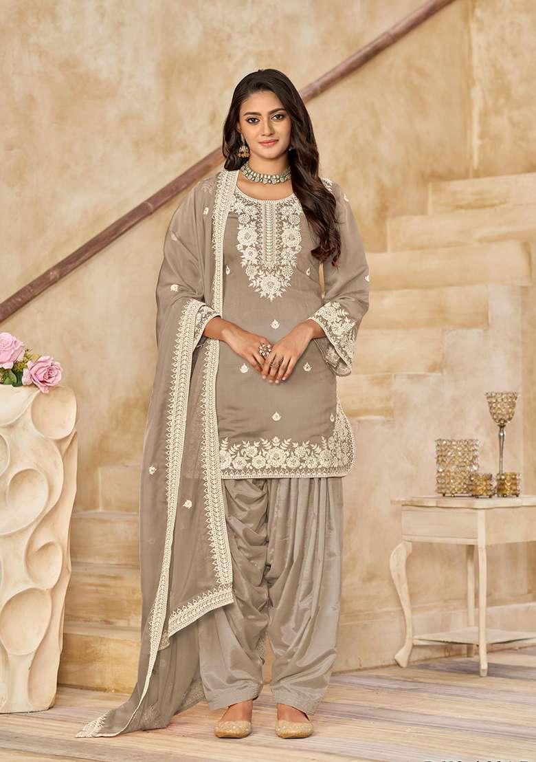 Beige Silk Embroidered Salwar Kameez With Dupptta - Indya