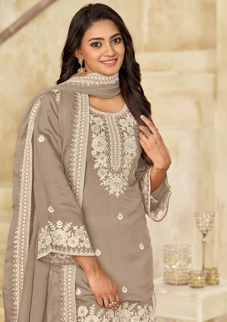 Beige Silk Embroidered Salwar Kameez With Dupptta - Indya