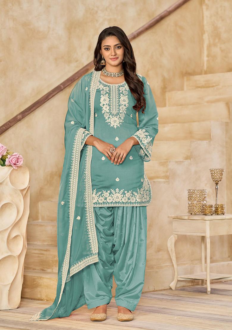 Aqua-Blue Silk Embroidered Salwar Kameez With Dupptta