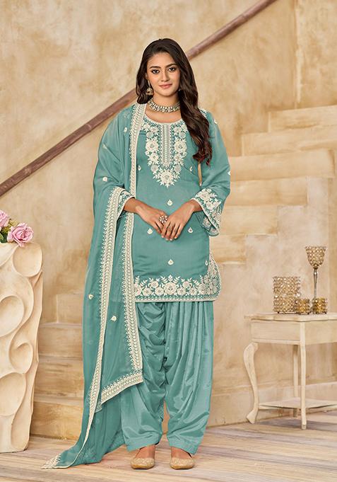 Aqua-Blue Silk Embroidered Salwar Kameez With Dupptta