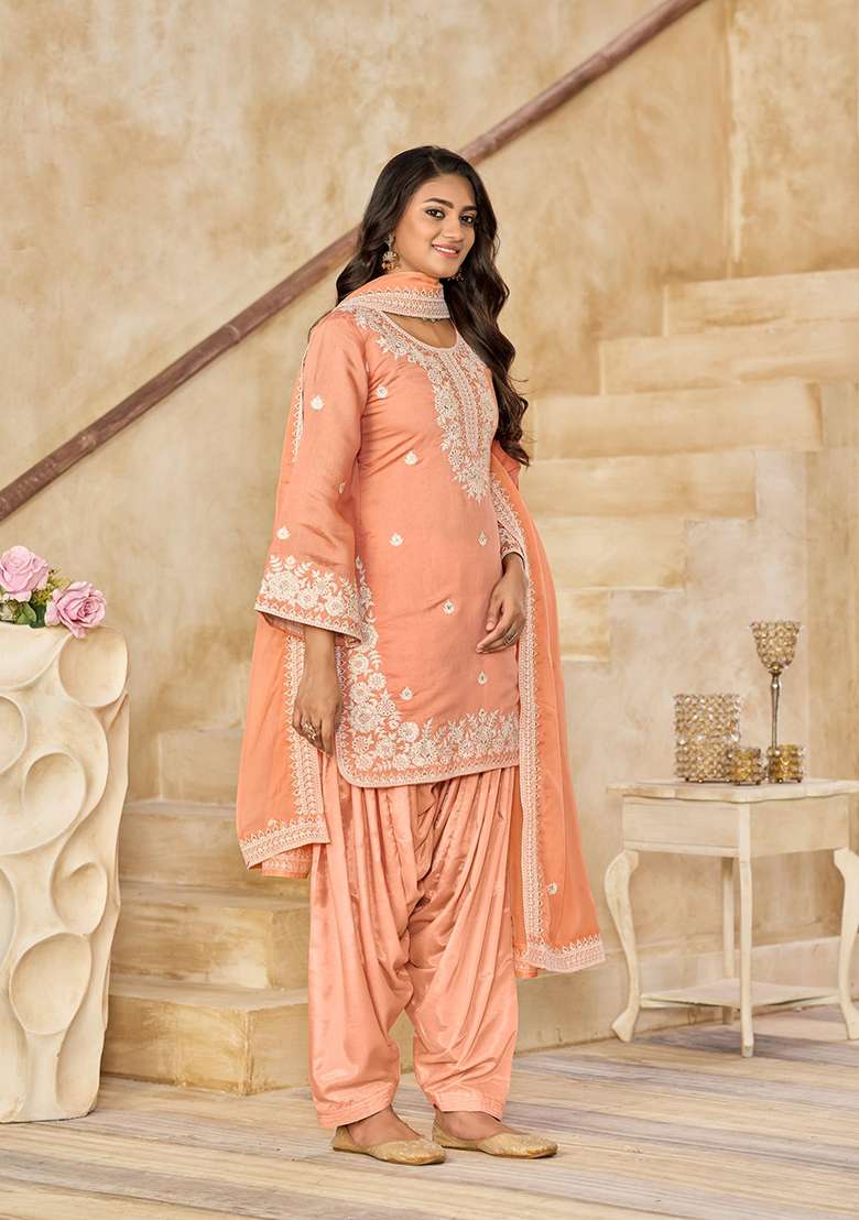 Orange Silk Embroidered Salwar Kameez With Dupptta - Indya