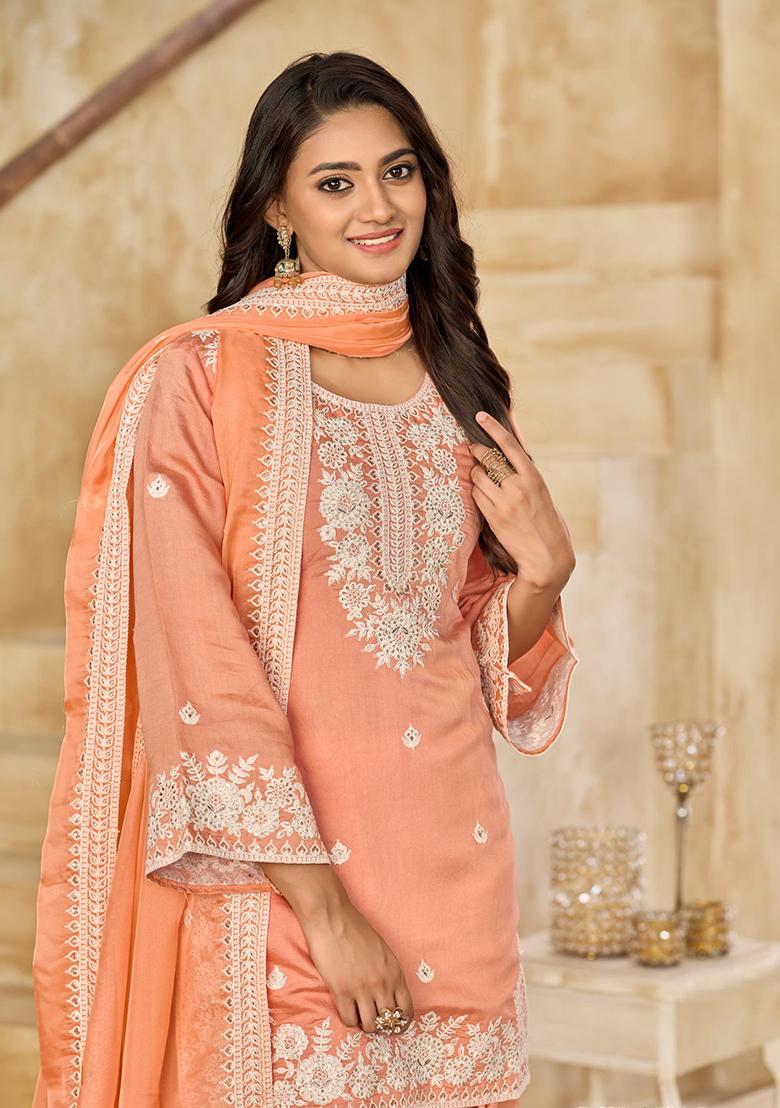 Orange Silk Embroidered Salwar Kameez With Dupptta