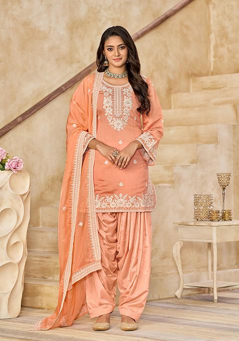 Orange Silk Embroidered Salwar Kameez With Dupptta