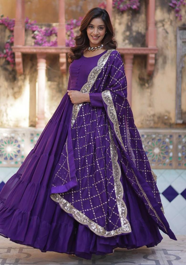 Purple Georgette Sequin Embroidered Anarkali Set With Dupatta