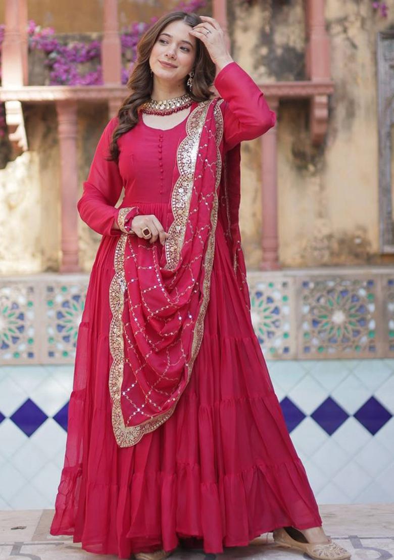 Pink Georgette Sequin Embroidered Anarkali Set With Dupatta
