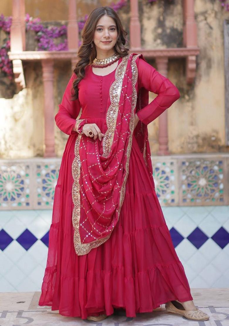 Pink Georgette Sequin Embroidered Anarkali Set With Dupatta